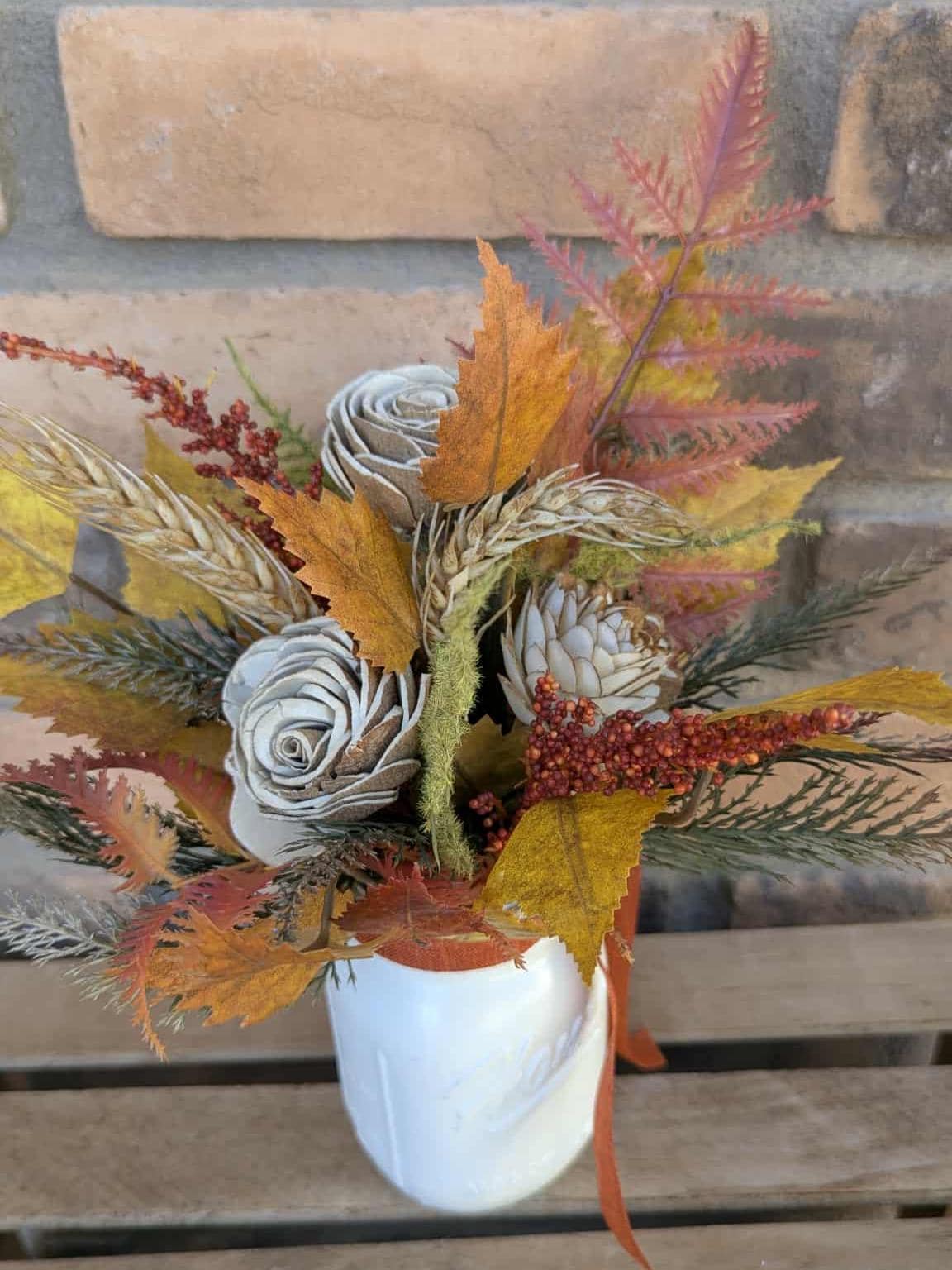 Fall Wood Flower Mason Jar Arrangement, Thanksgiving Table Centerpiece, Thanksgiving Hostess Gift, Autumn Wooden Flower Table Centerpiece