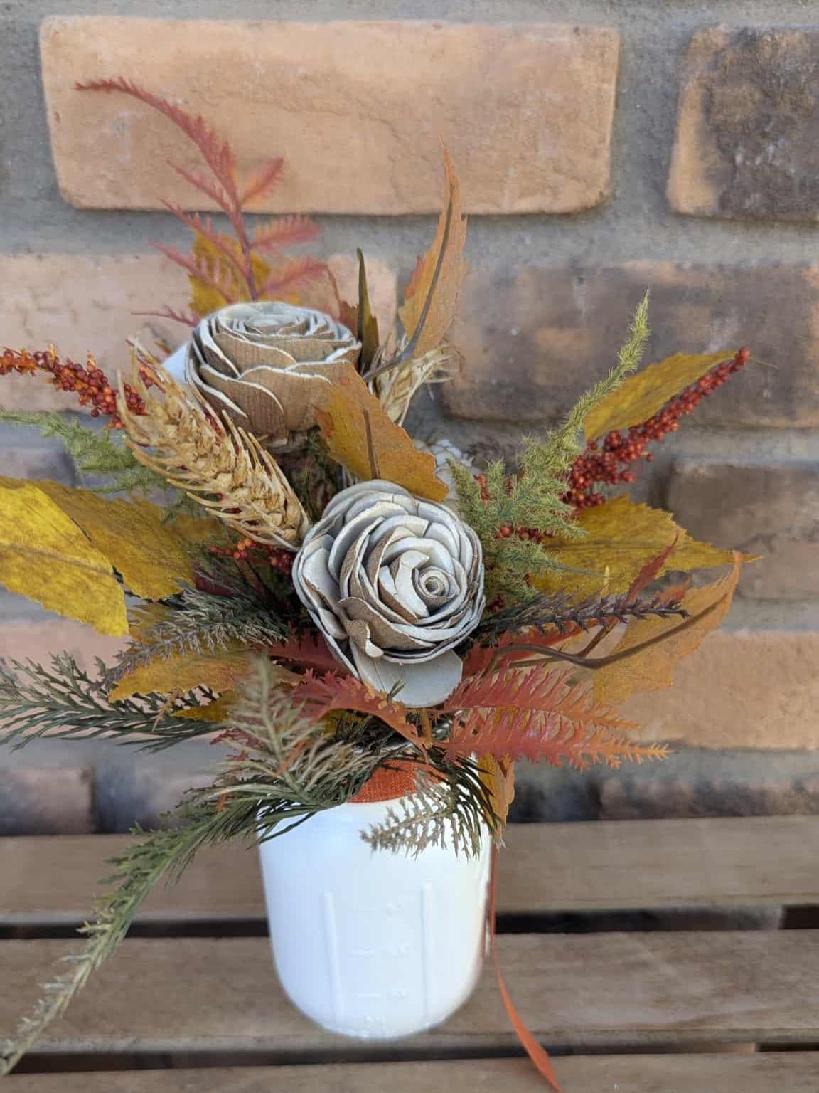 Fall Wood Flower Mason Jar Arrangement, Thanksgiving Table Centerpiece, Thanksgiving Hostess Gift, Autumn Wooden Flower Table Centerpiece