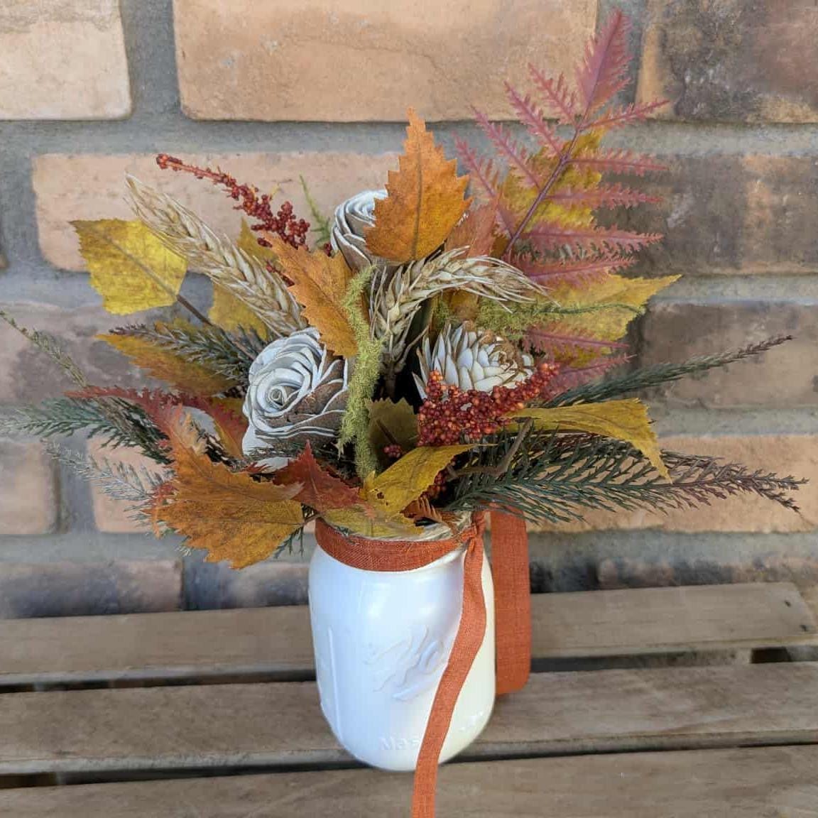 Fall Wood Flower Mason Jar Arrangement, Thanksgiving Table Centerpiece, Thanksgiving Hostess Gift, Autumn Wooden Flower Table Centerpiece