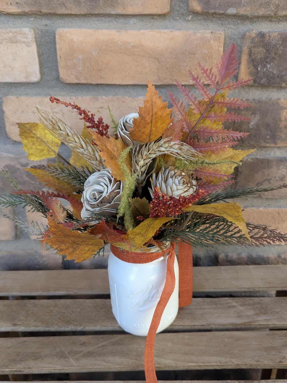 Fall Wood Flower Mason Jar Arrangement, Thanksgiving Table Centerpiece, Thanksgiving Hostess Gift, Autumn Wooden Flower Table Centerpiece