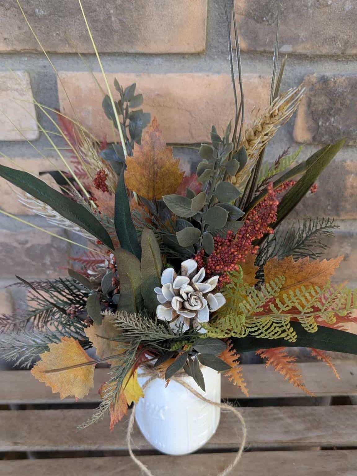 Fall Wood Flower Mason Jar Arrangement, Thanksgiving Table Centerpiece, Thanksgiving Hostess Gift, Autumn Wooden Flower Table Centerpiece