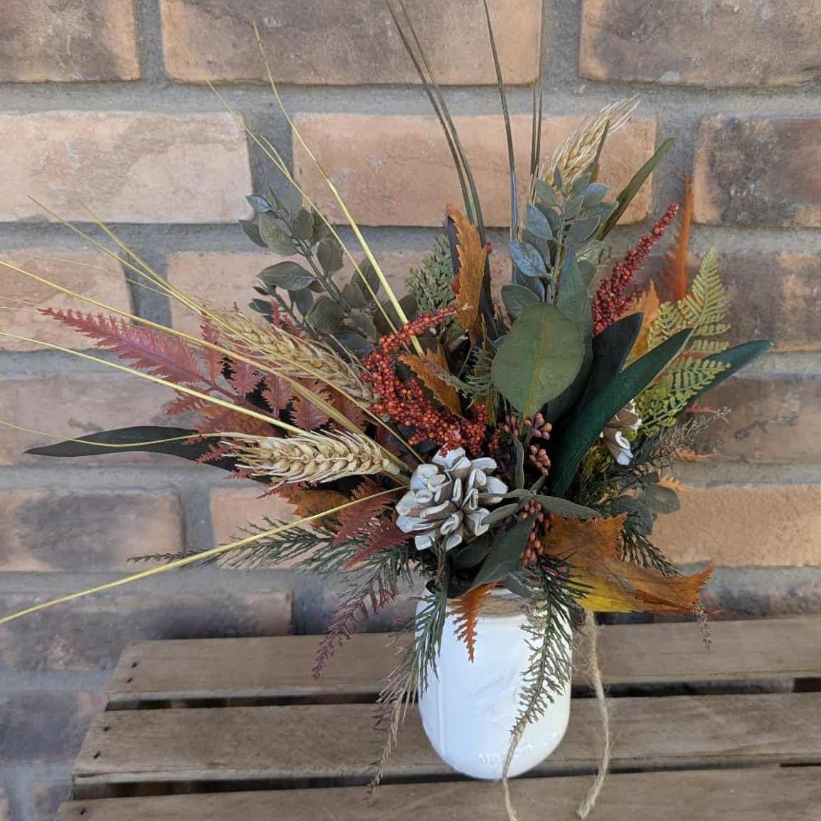 Fall Wood Flower Mason Jar Arrangement, Thanksgiving Table Centerpiece, Thanksgiving Hostess Gift, Autumn Wooden Flower Table Centerpiece