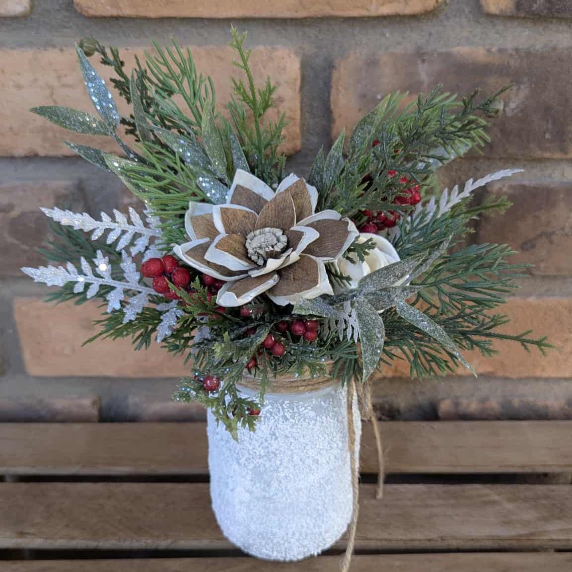 Holiday Wood Flower Mason Jar Arrangement, Winter Christmas Centerpiece, Holiday Hostess Gift, Festive Wooden Flower Table Centerpiece