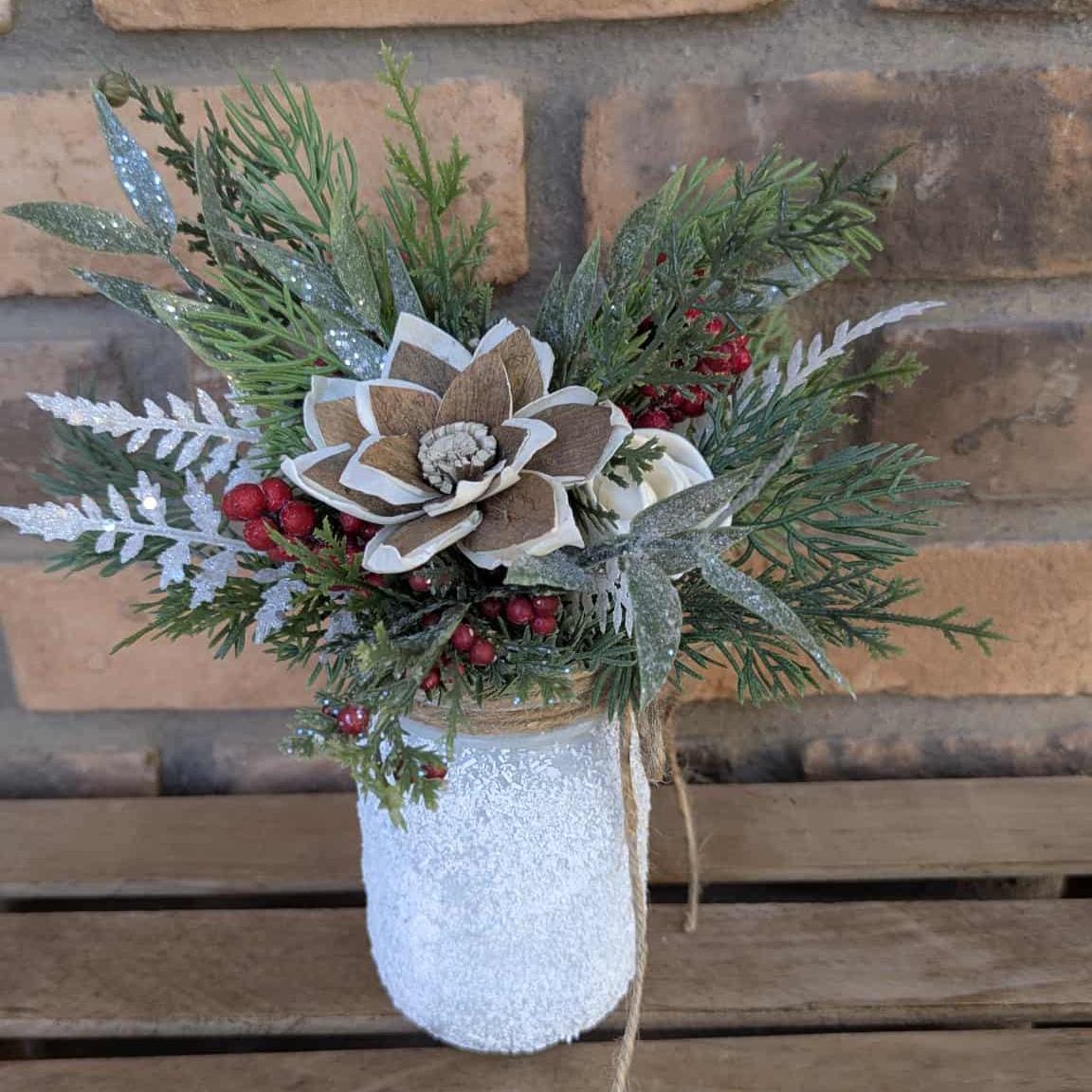 Holiday Wood Flower Mason Jar Arrangement, Winter Christmas Centerpiece, Holiday Hostess Gift, Festive Wooden Flower Table Centerpiece
