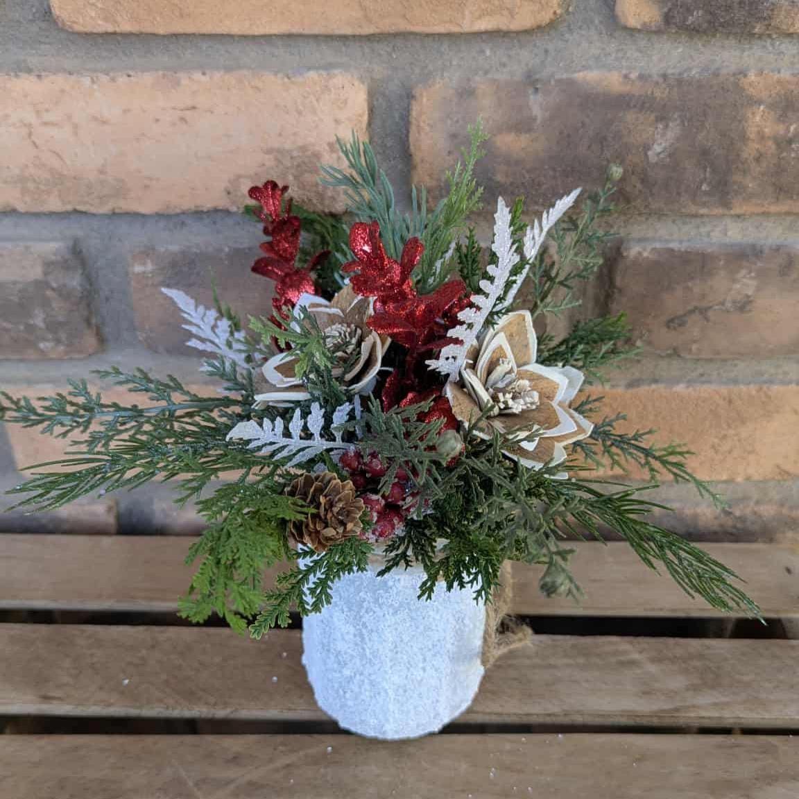 Holiday Wood Flower Mason Jar Arrangement, Winter Christmas Centerpiece, Holiday Hostess Gift, Festive Wooden Flower Table Centerpiece