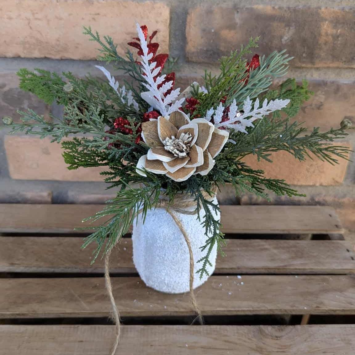 Holiday Wood Flower Mason Jar Arrangement, Winter Christmas Centerpiece, Holiday Hostess Gift, Festive Wooden Flower Table Centerpiece