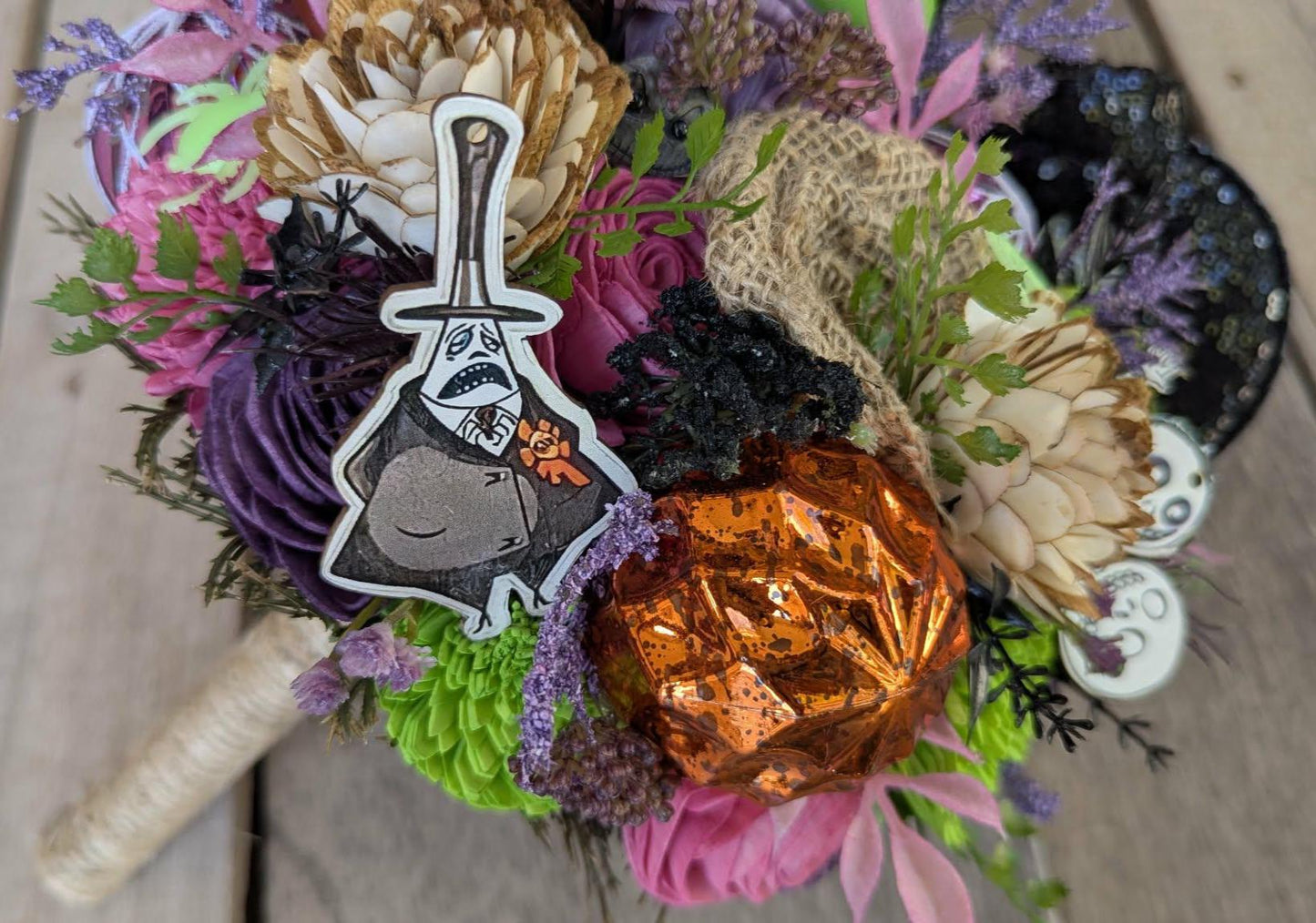 Oogie Boogie Nightmare Before Christmas Inspired Wood Flower Bouquet, Cosplay Bridal Bouquet, Halloween Wedding Flowers, Jack and Sally