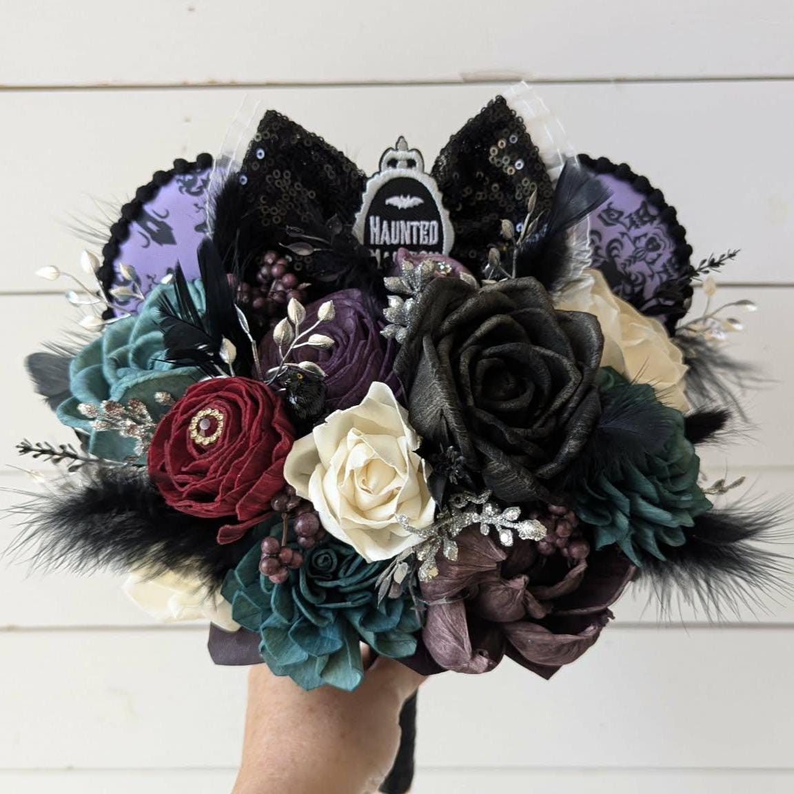 Haunted Mansion Themed Bridal Bouquet, Haunted Wedding Wood Flower Bouquet, Halloween Themed Party Flowers, Wedding Bouquet Flowers