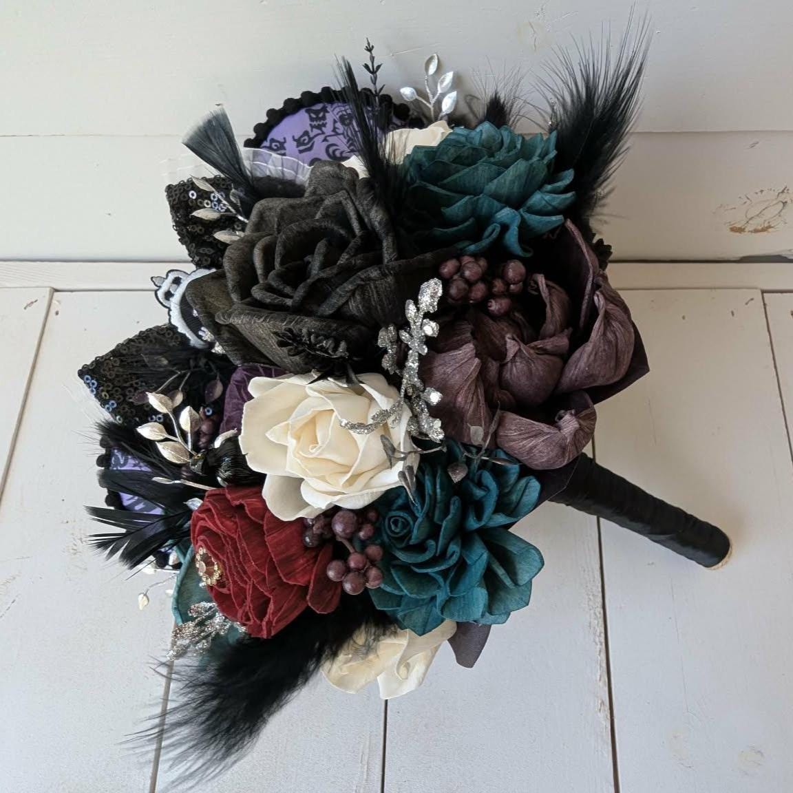 Haunted Mansion Themed Bridal Bouquet, Haunted Wedding Wood Flower Bouquet, Halloween Themed Party Flowers, Wedding Bouquet Flowers