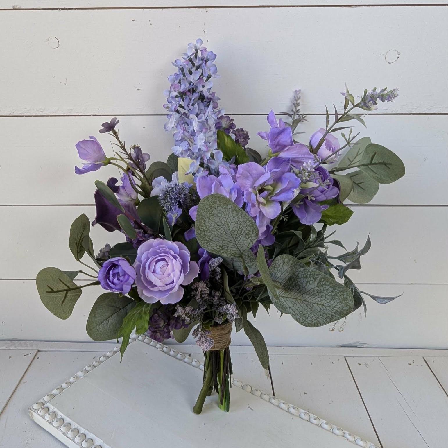 6 PIECE SET Lavender and Lilac Wedding Bouquet Set, Silk Flower Bridal Bouquet, Bridesmaid Bouquet, Boutonnieres, Hydrangea Wedding Flowers