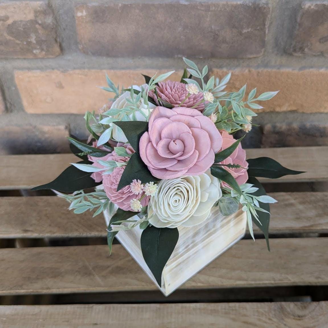 Pink and Cream Wood Flower Floral Arrangement, Table Centerpiece, Flower Box, Get Well, Flower Arrangement, Shelf Decor Mother's Day