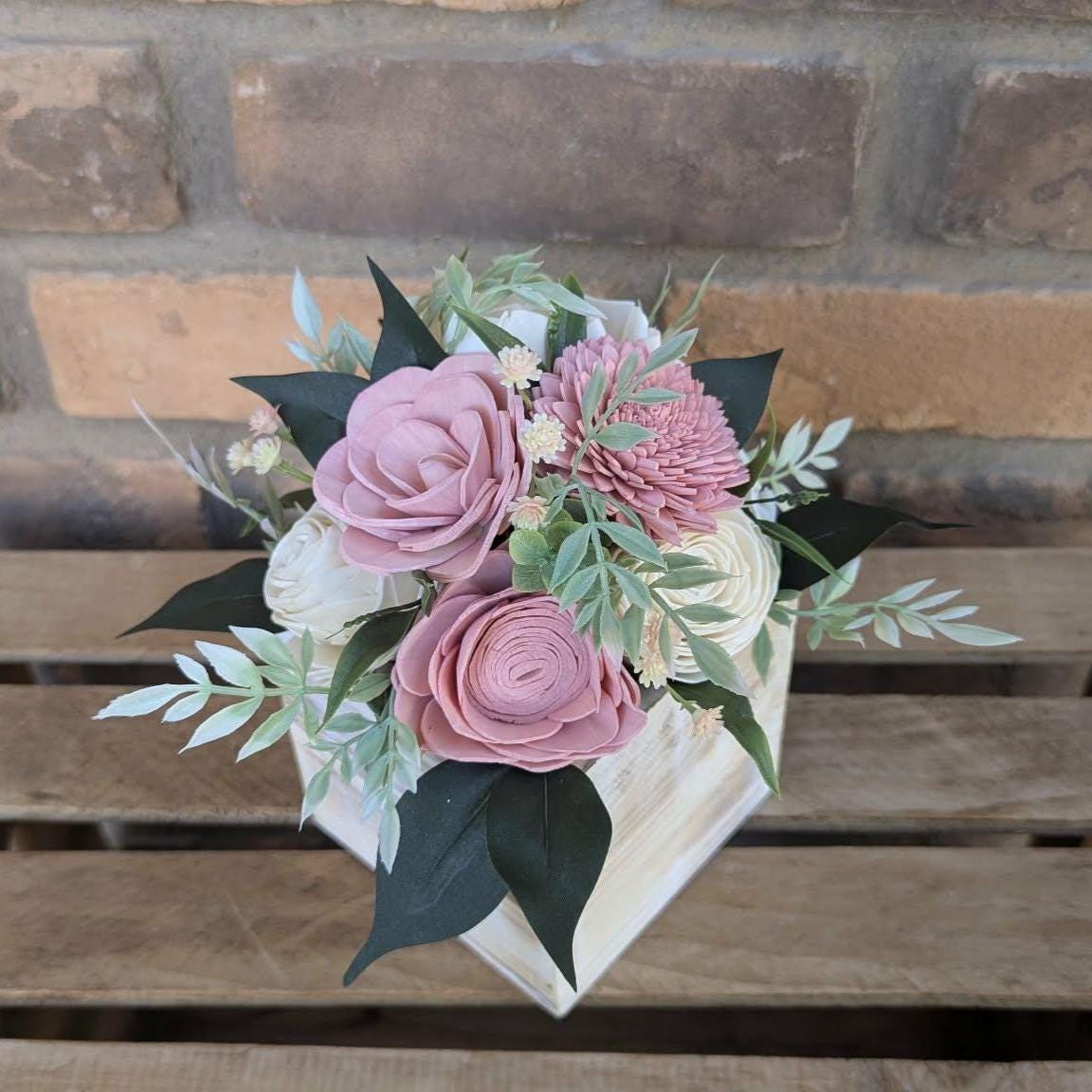 Pink and Cream Wood Flower Floral Arrangement, Table Centerpiece, Flower Box, Get Well, Flower Arrangement, Shelf Decor Mother's Day