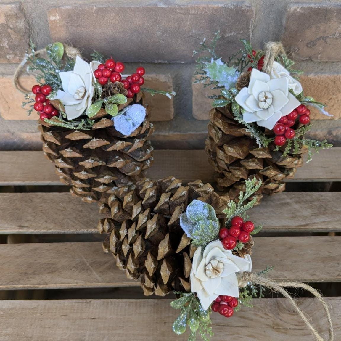 Pine Cone Christmas Ornament with Wood Flowers, Christmas Tree Ornament, Pine Cone Decor, Christmas Tree Decor