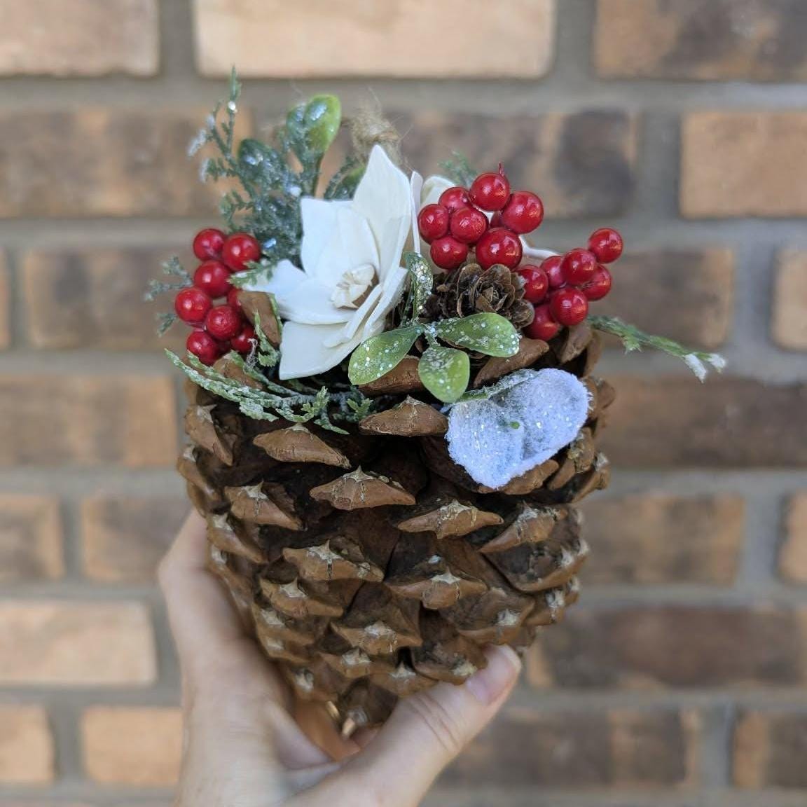 Pine Cone Christmas Ornament with Wood Flowers, Christmas Tree Ornament, Pine Cone Decor, Christmas Tree Decor