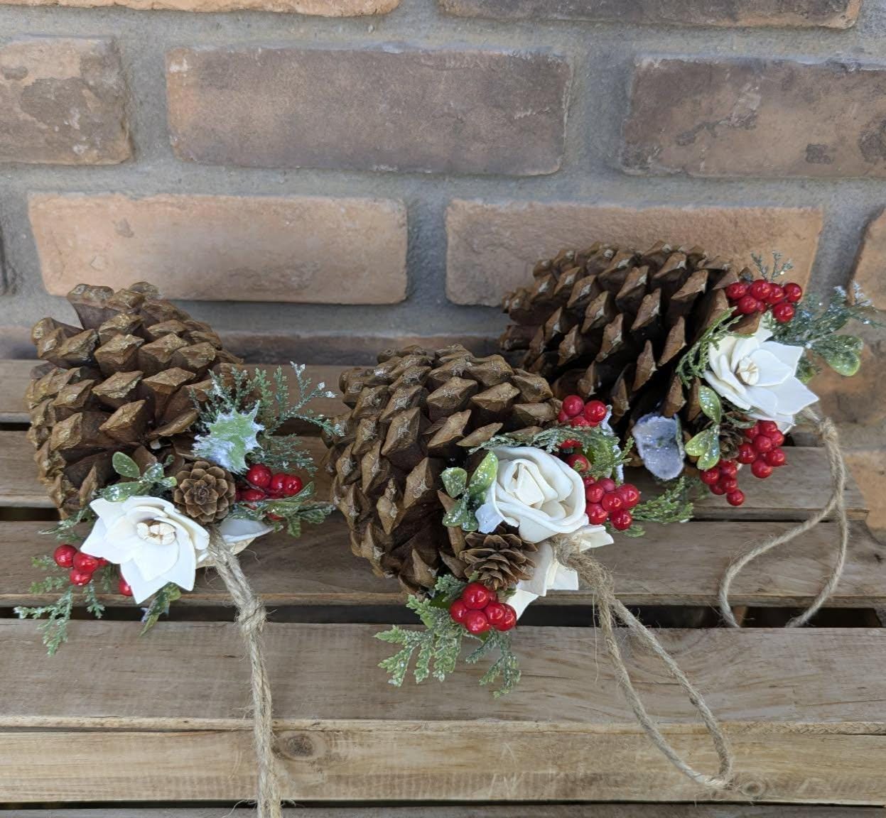 Pine Cone Christmas Ornament with Wood Flowers, Christmas Tree Ornament, Pine Cone Decor, Christmas Tree Decor