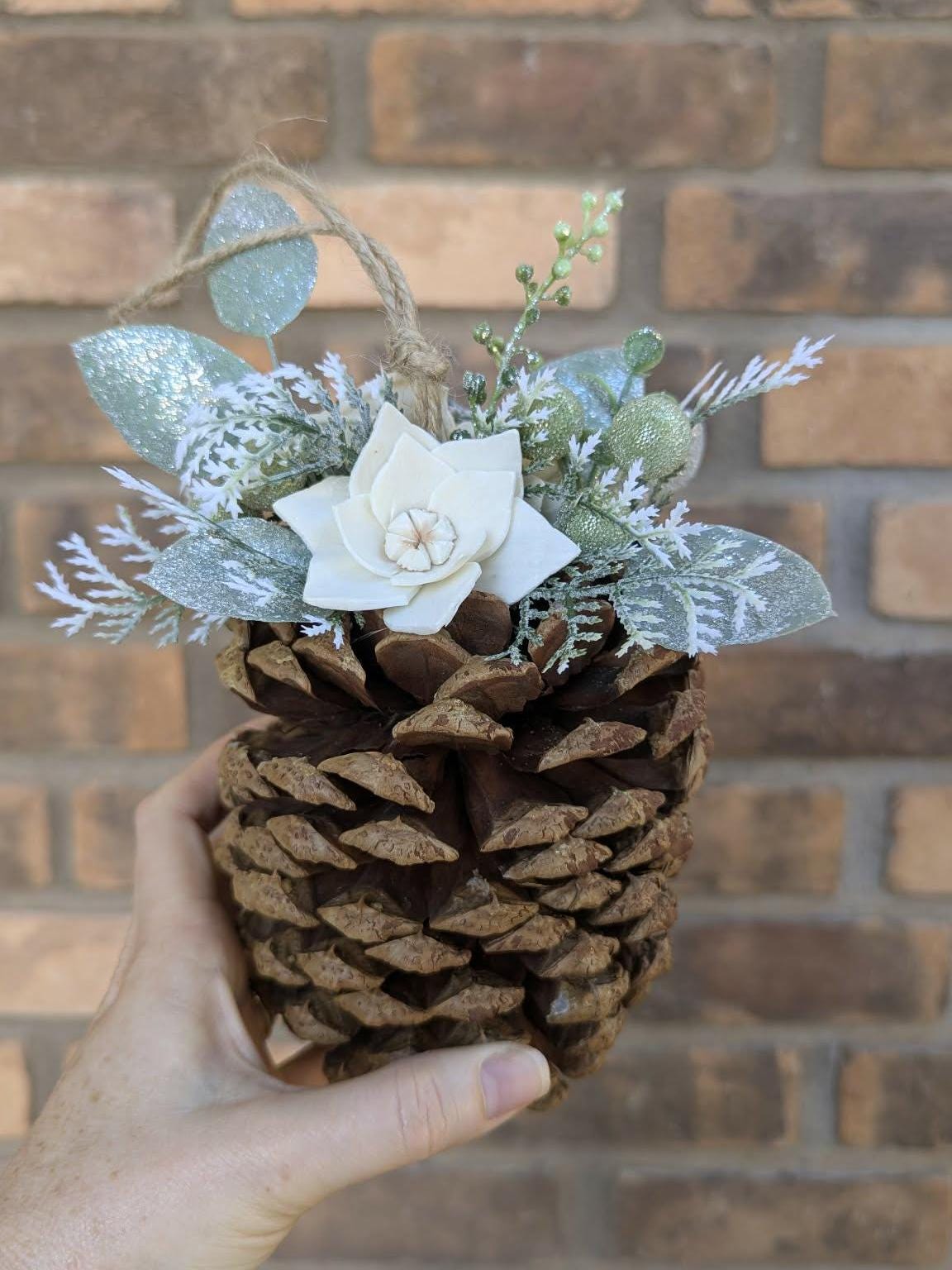 Pine Cone Christmas Ornament with Wood Flowers, Christmas Tree Ornament, Pine Cone Decor, Christmas Tree Decor