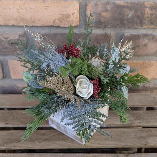 Christmas Centerpiece Box with Wood Flowers, Holiday Floral Arrangement, Holiday Centerpiece, Christmas Home Decor, Holiday Party Gift