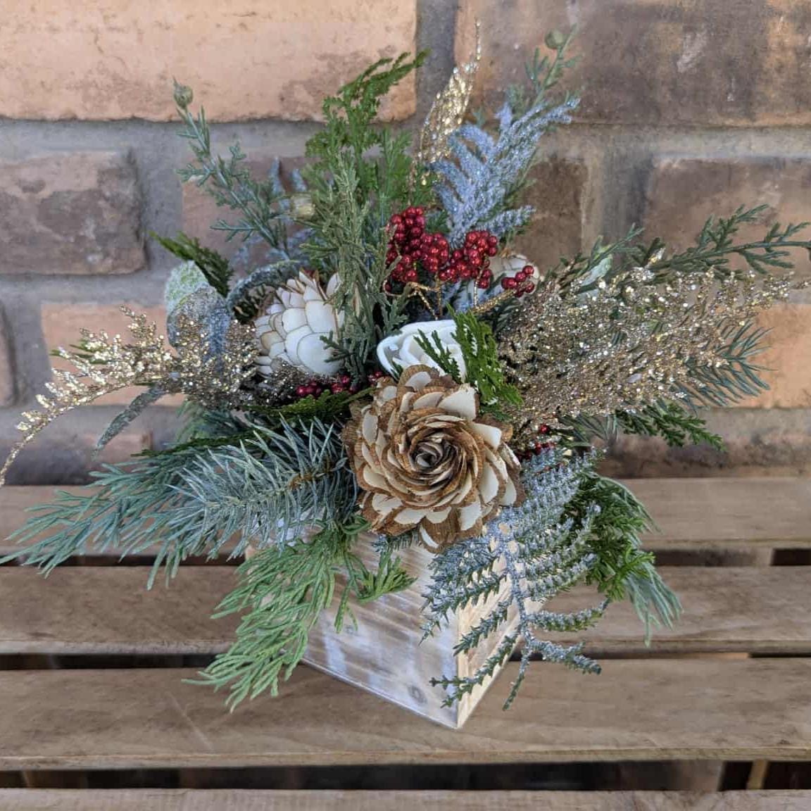 Christmas Centerpiece Box with Wood Flowers, Holiday Floral Arrangement, Holiday Centerpiece, Christmas Home Decor, Holiday Party Gift