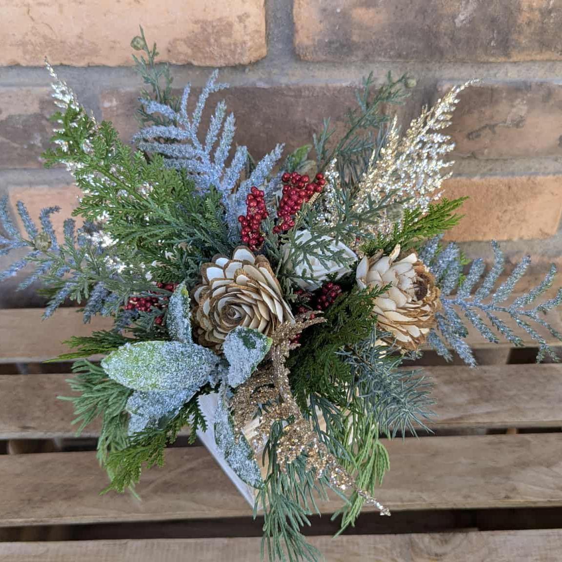 Christmas Centerpiece Box with Wood Flowers, Holiday Floral Arrangement, Holiday Centerpiece, Christmas Home Decor, Holiday Party Gift