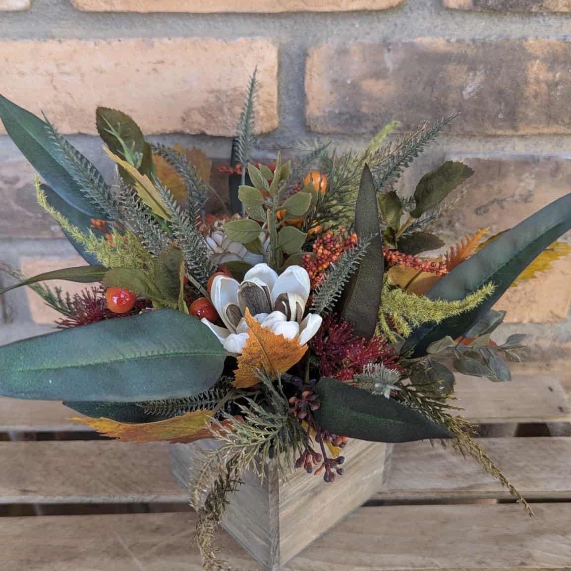 Fall Centerpiece for Thanksgiving Table, Fall Floral Arrangement, Thanksgiving Centerpiece, Fall Home Decor, Wood Flower Centerpiece Box
