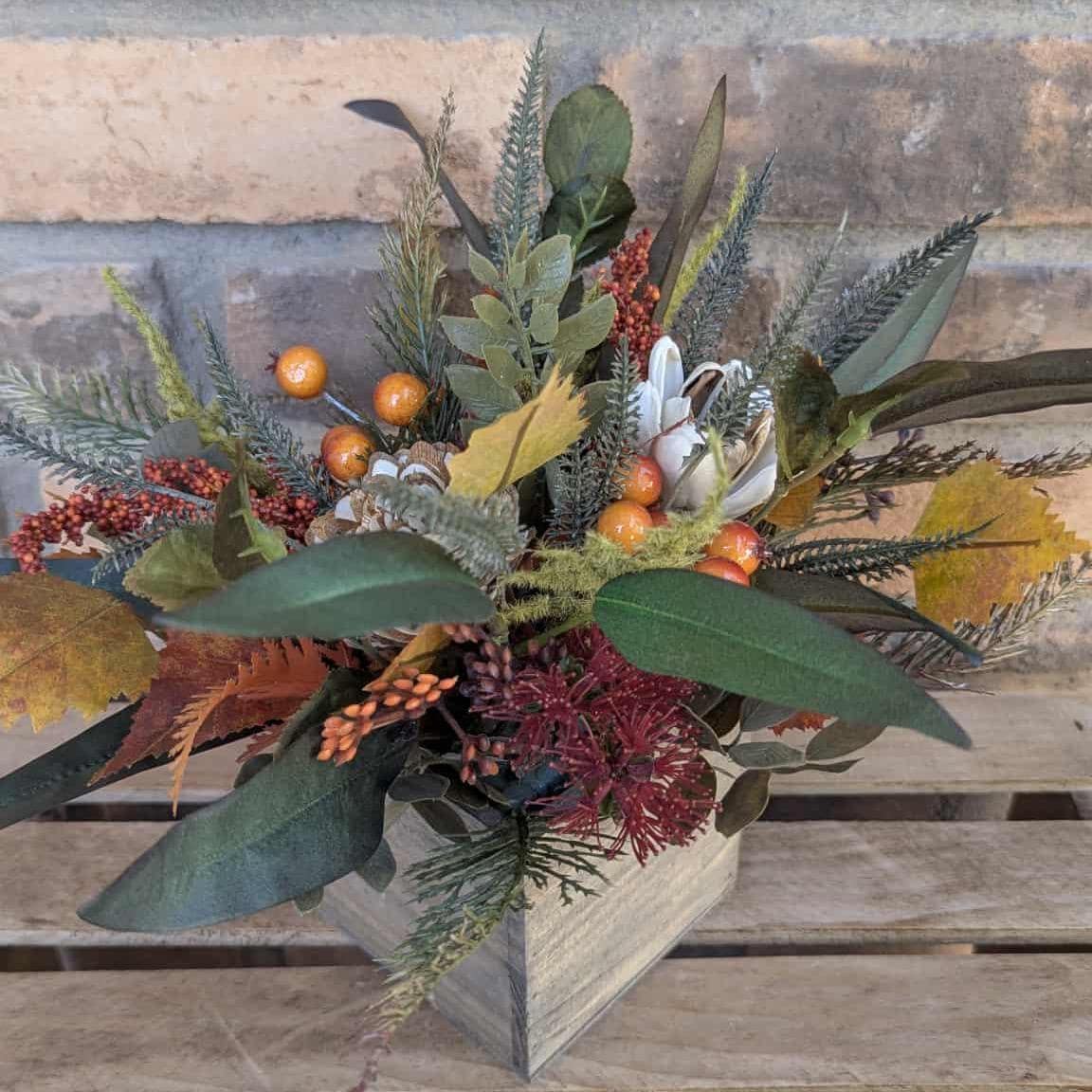 Fall Centerpiece for Thanksgiving Table, Fall Floral Arrangement, Thanksgiving Centerpiece, Fall Home Decor, Wood Flower Centerpiece Box