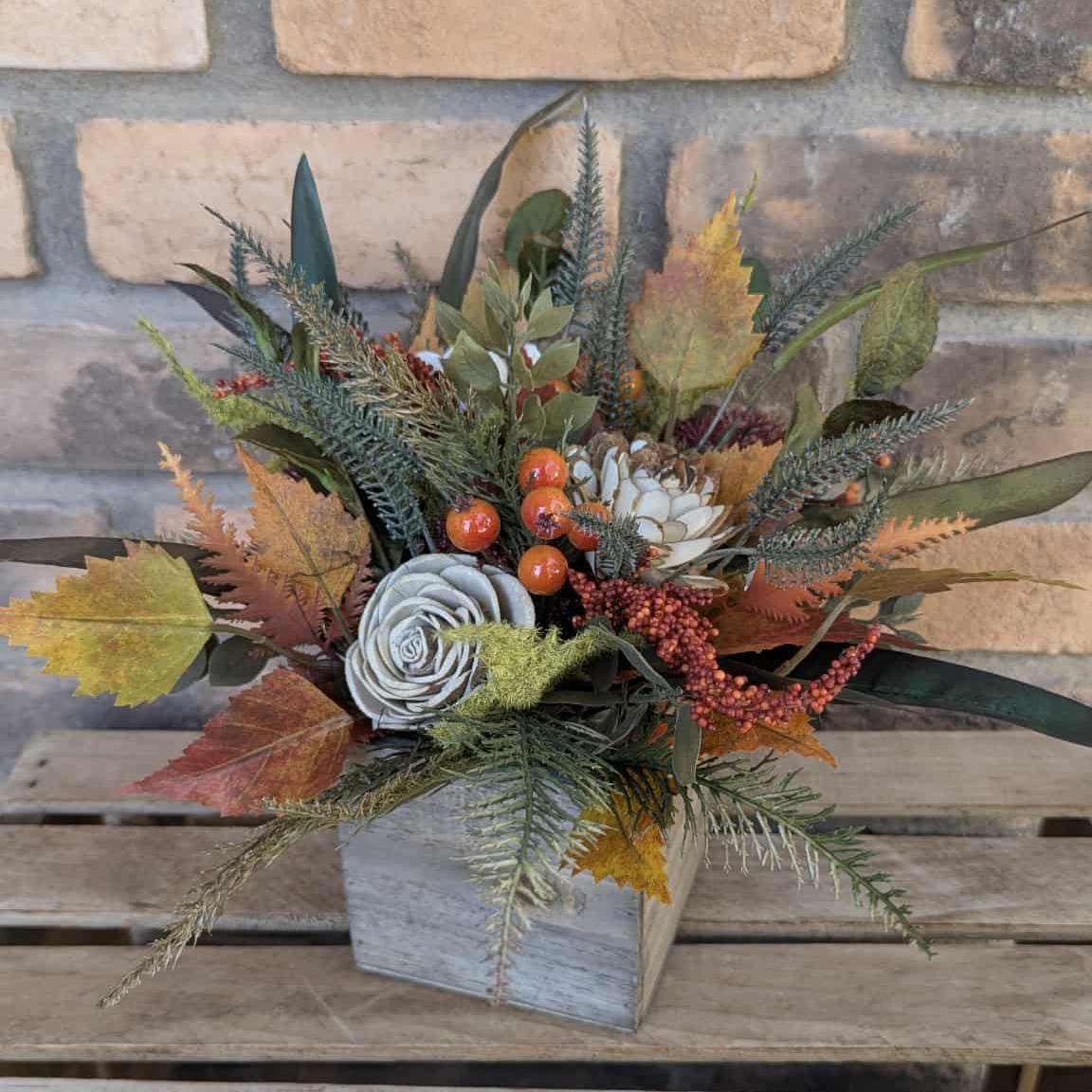 Fall Centerpiece for Thanksgiving Table, Fall Floral Arrangement, Thanksgiving Centerpiece, Fall Home Decor, Wood Flower Centerpiece Box