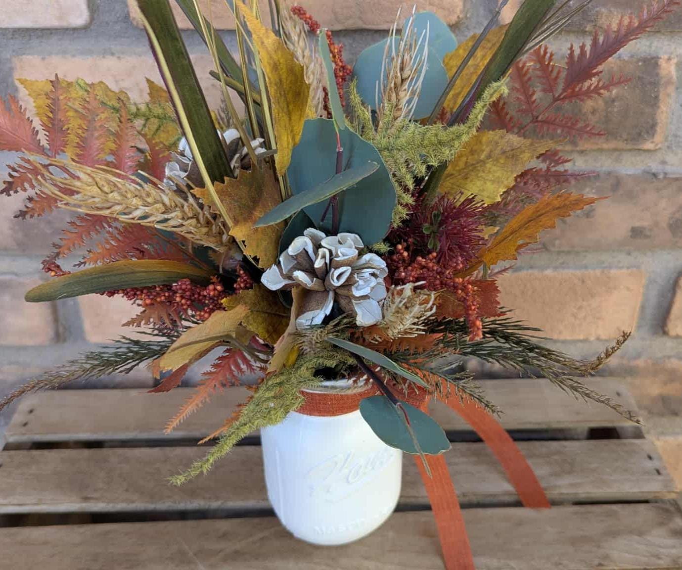 Fall Wood Flower Mason Jar Arrangement, Thanksgiving Table Centerpiece, Thanksgiving Hostess Gift, Autumn Wooden Flower Table Centerpiece