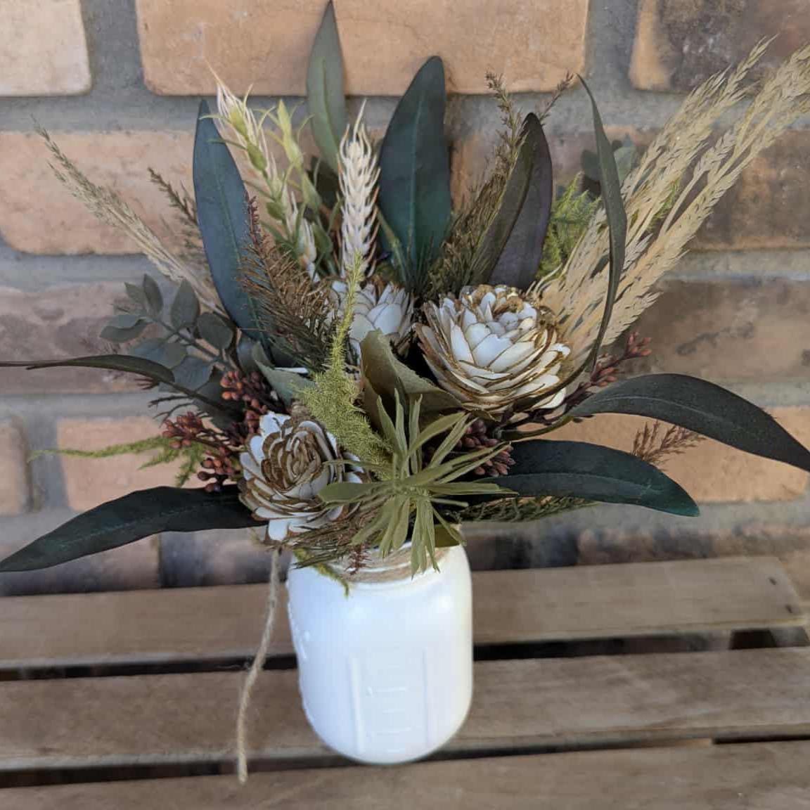 Fall Wood Flower Mason Jar Arrangement, Thanksgiving Table Centerpiece, Thanksgiving Hostess Gift, Autumn Wooden Flower Table Centerpiece