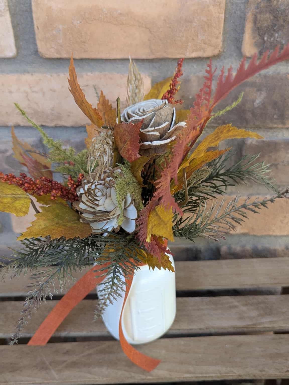 Fall Wood Flower Mason Jar Arrangement, Thanksgiving Table Centerpiece, Thanksgiving Hostess Gift, Autumn Wooden Flower Table Centerpiece