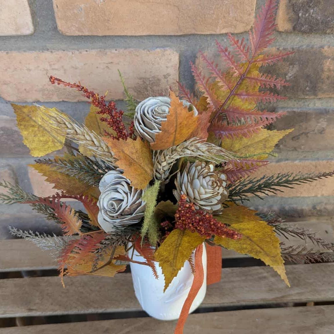 Fall Wood Flower Mason Jar Arrangement, Thanksgiving Table Centerpiece, Thanksgiving Hostess Gift, Autumn Wooden Flower Table Centerpiece