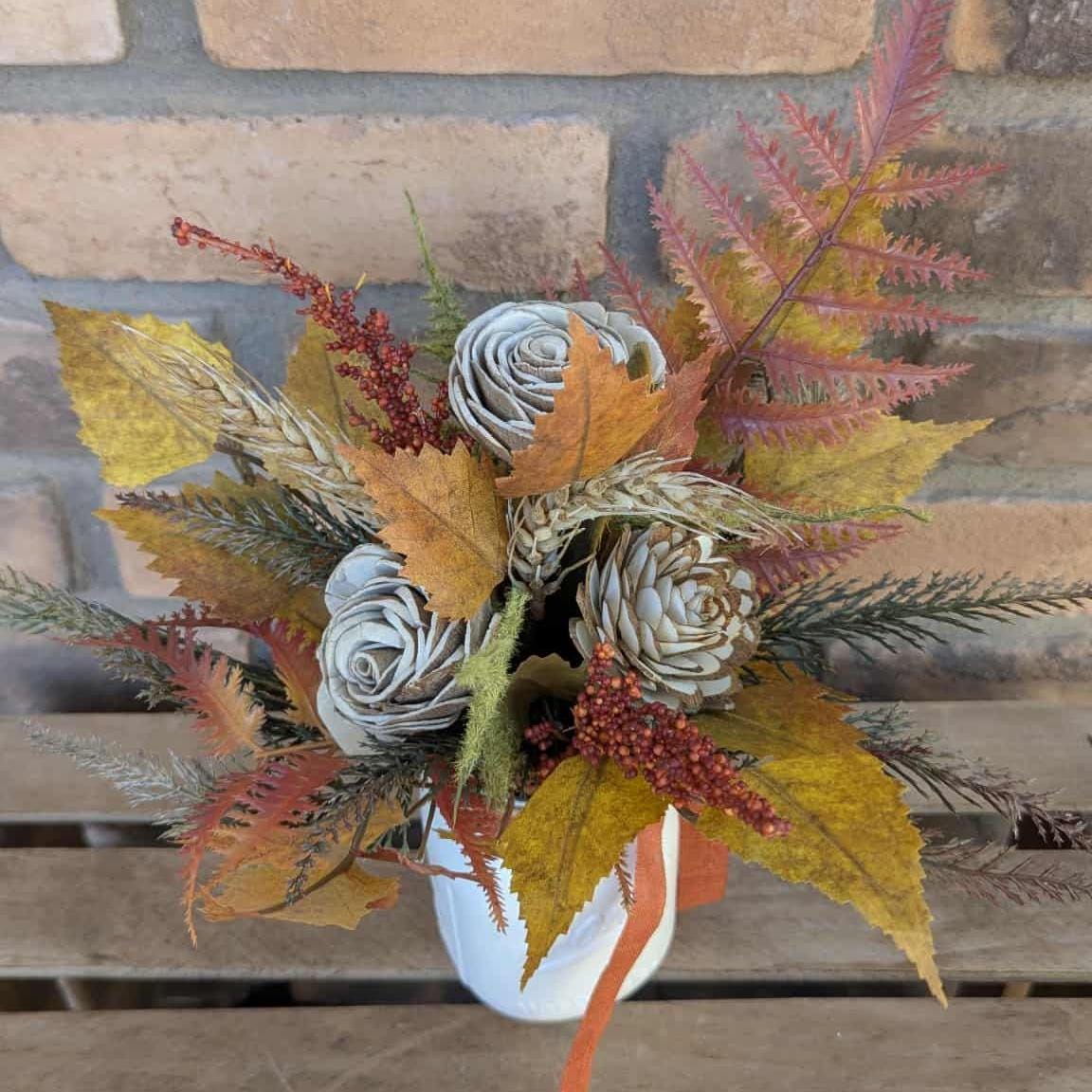 Fall Wood Flower Mason Jar Arrangement, Thanksgiving Table Centerpiece, Thanksgiving Hostess Gift, Autumn Wooden Flower Table Centerpiece