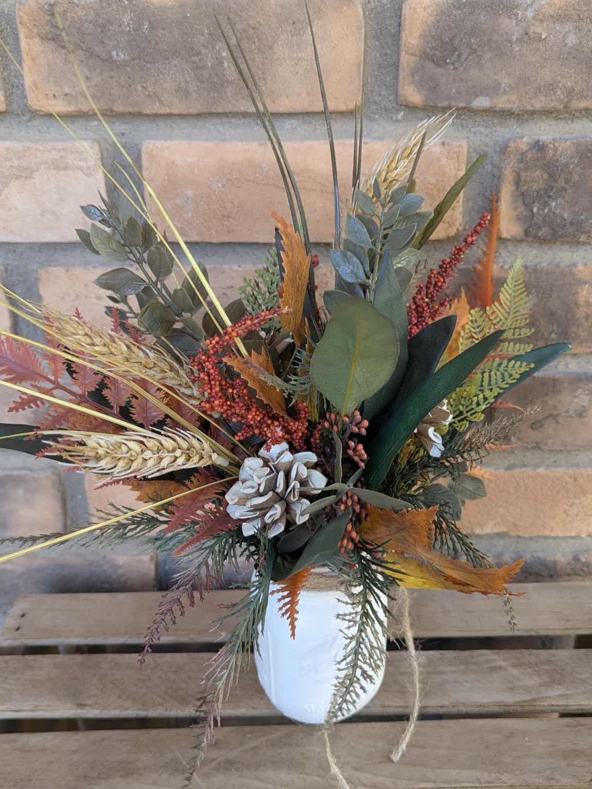 Fall Wood Flower Mason Jar Arrangement, Thanksgiving Table Centerpiece, Thanksgiving Hostess Gift, Autumn Wooden Flower Table Centerpiece