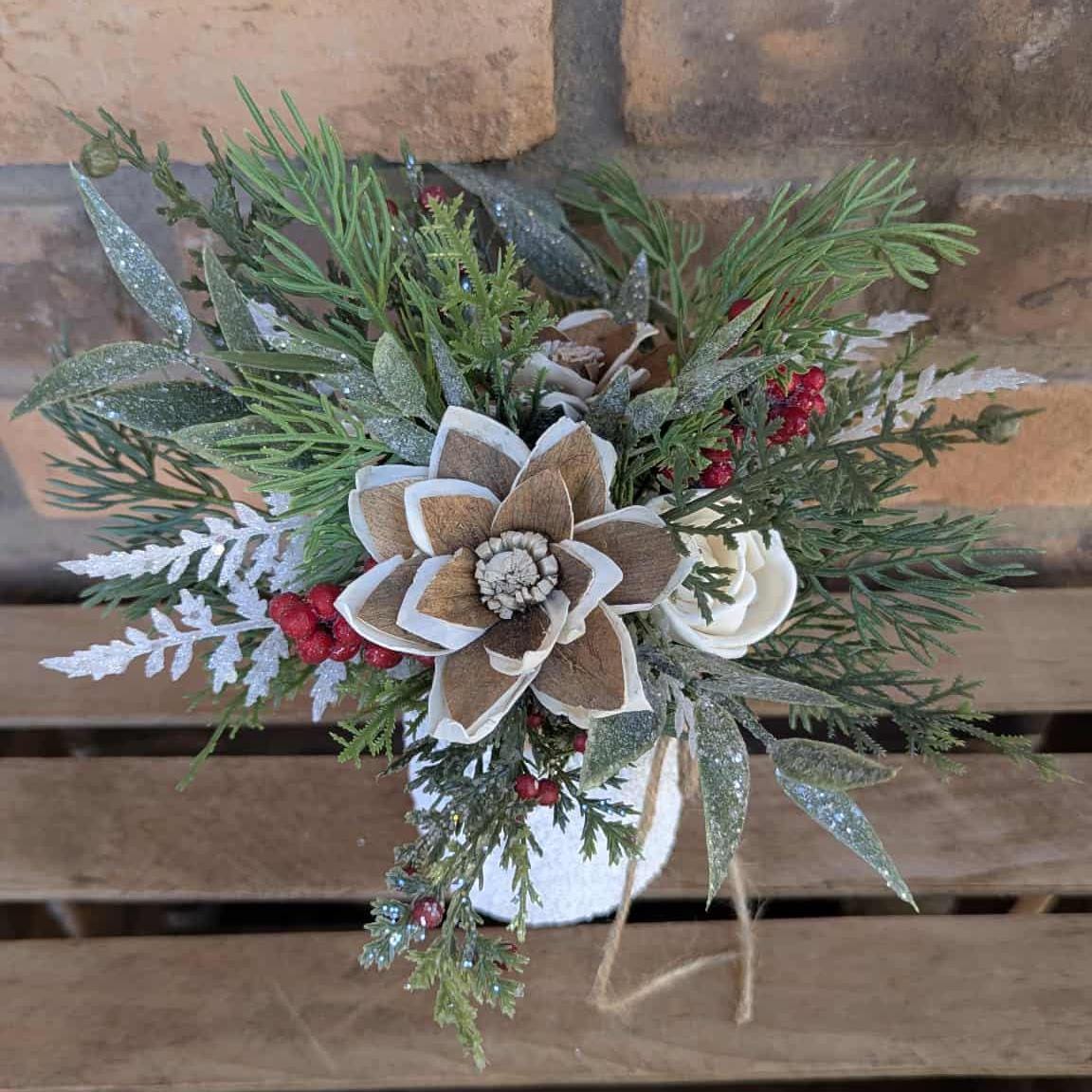 Holiday Wood Flower Mason Jar Arrangement, Winter Christmas Centerpiece, Holiday Hostess Gift, Festive Wooden Flower Table Centerpiece