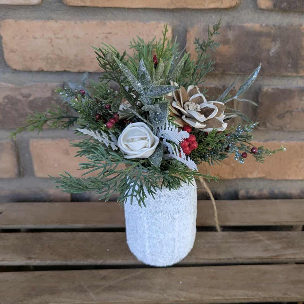 Holiday Wood Flower Mason Jar Arrangement, Winter Christmas Centerpiece, Holiday Hostess Gift, Festive Wooden Flower Table Centerpiece
