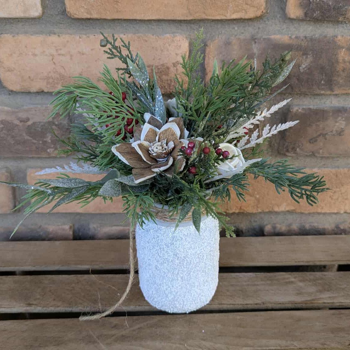 Holiday Wood Flower Mason Jar Arrangement, Winter Christmas Centerpiece, Holiday Hostess Gift, Festive Wooden Flower Table Centerpiece
