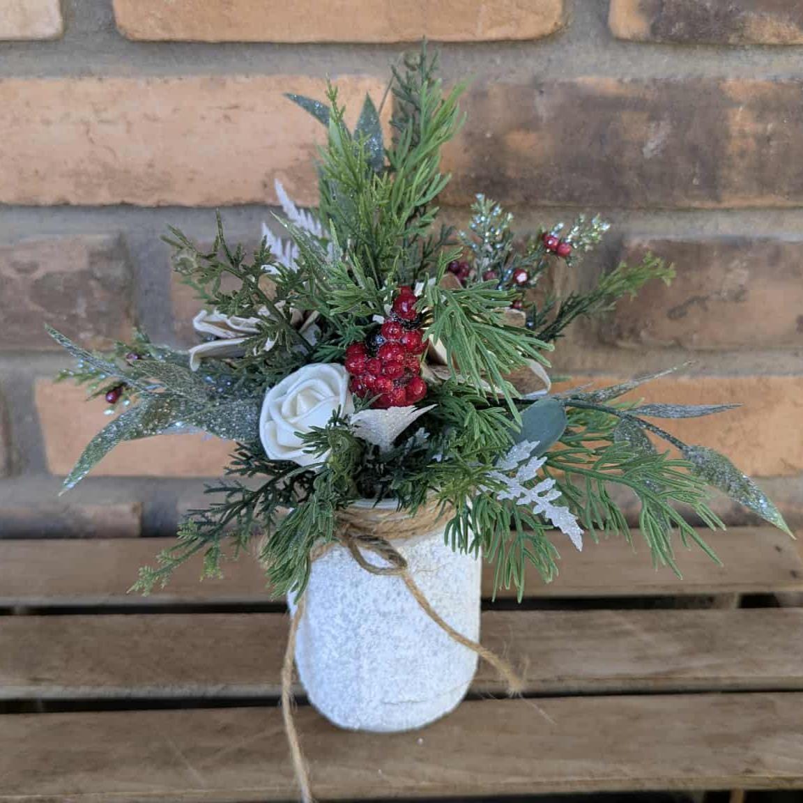 Holiday Wood Flower Mason Jar Arrangement, Winter Christmas Centerpiece, Holiday Hostess Gift, Festive Wooden Flower Table Centerpiece