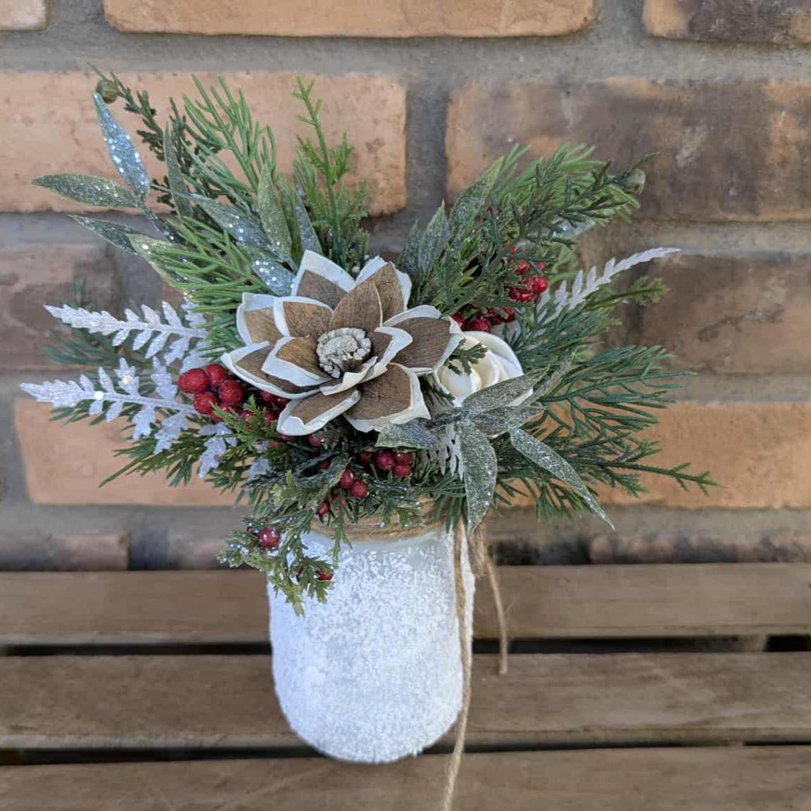 Holiday Wood Flower Mason Jar Arrangement, Winter Christmas Centerpiece, Holiday Hostess Gift, Festive Wooden Flower Table Centerpiece