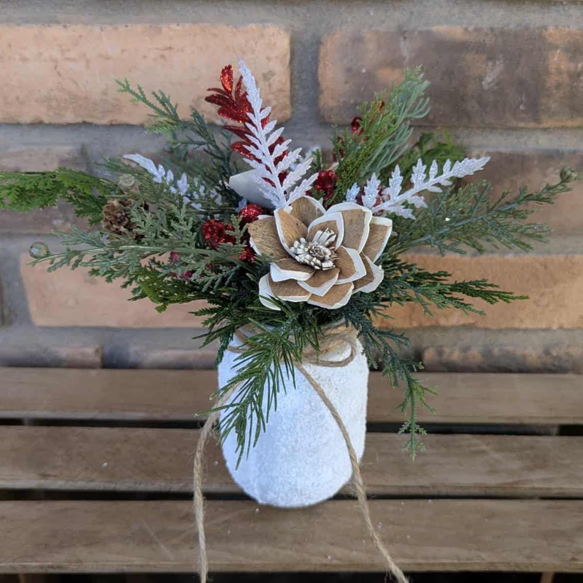 Holiday Wood Flower Mason Jar Arrangement, Winter Christmas Centerpiece, Holiday Hostess Gift, Festive Wooden Flower Table Centerpiece