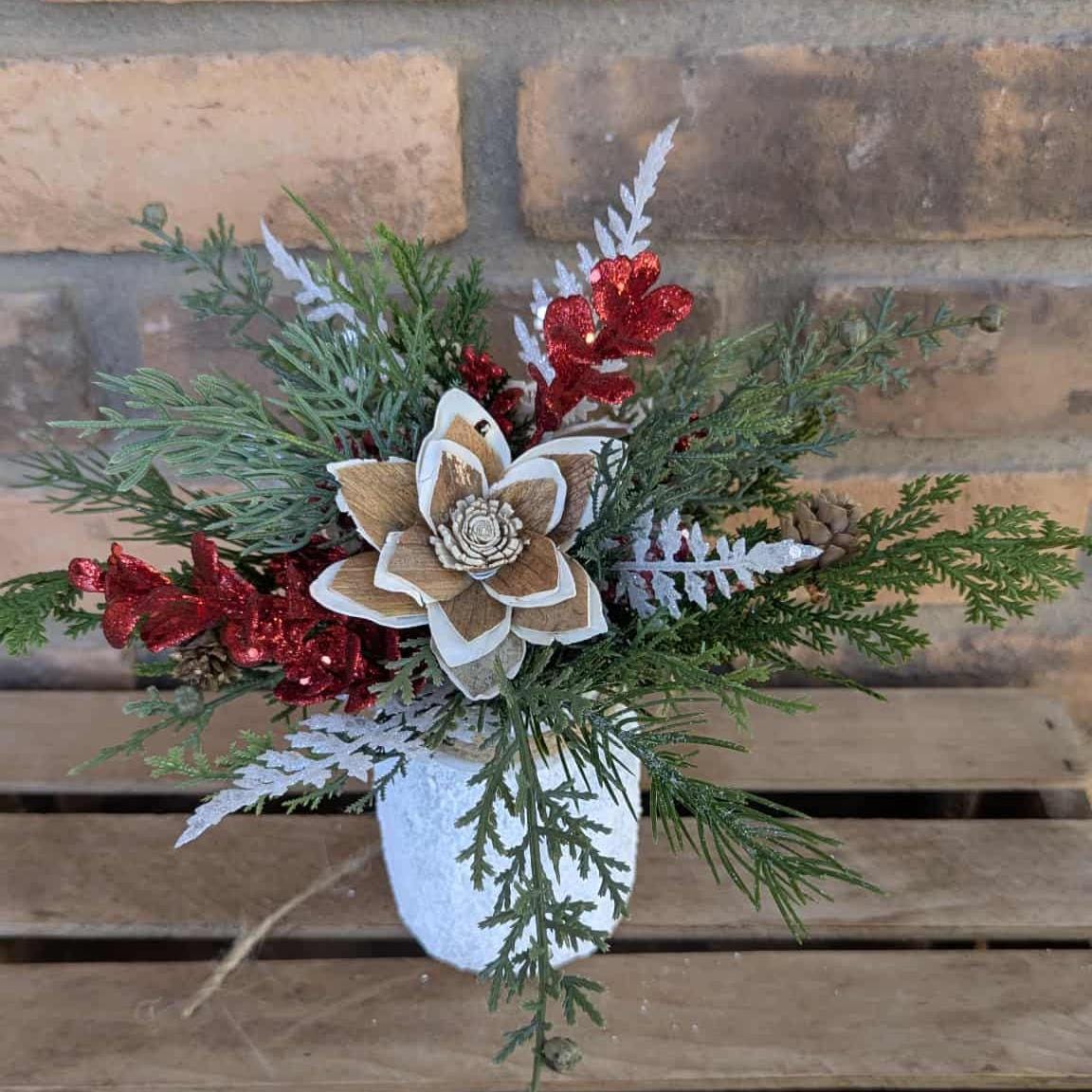 Holiday Wood Flower Mason Jar Arrangement, Winter Christmas Centerpiece, Holiday Hostess Gift, Festive Wooden Flower Table Centerpiece
