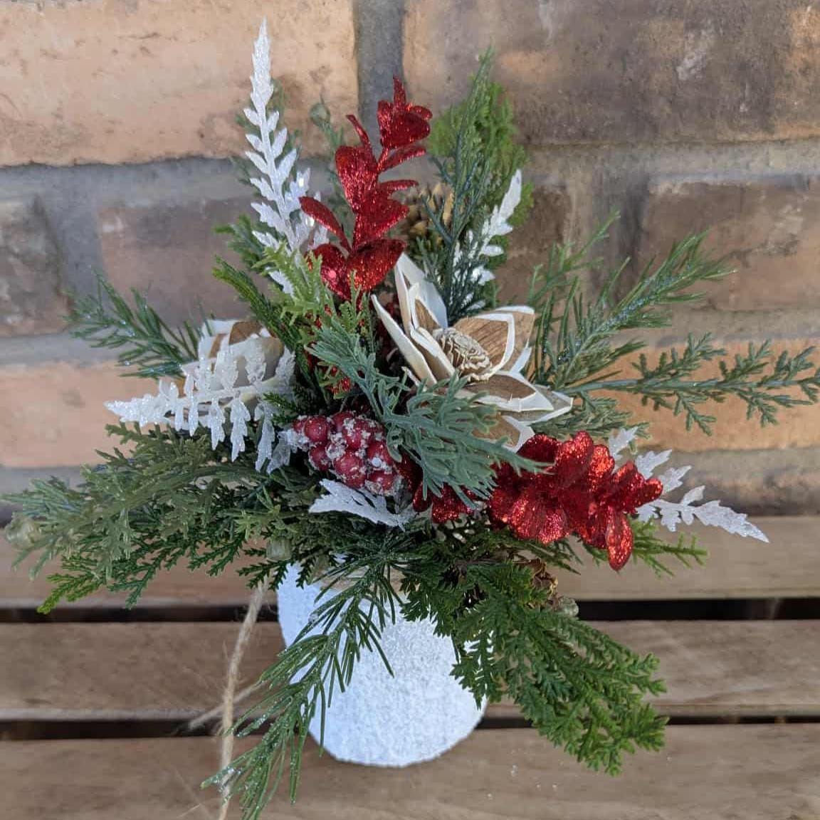 Holiday Wood Flower Mason Jar Arrangement, Winter Christmas Centerpiece, Holiday Hostess Gift, Festive Wooden Flower Table Centerpiece