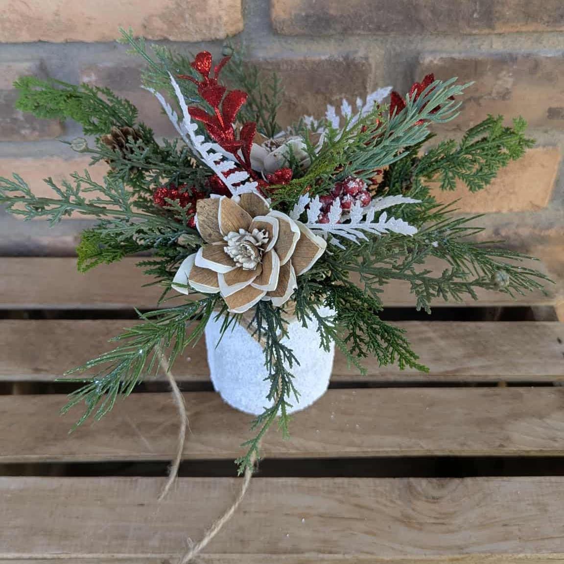 Holiday Wood Flower Mason Jar Arrangement, Winter Christmas Centerpiece, Holiday Hostess Gift, Festive Wooden Flower Table Centerpiece