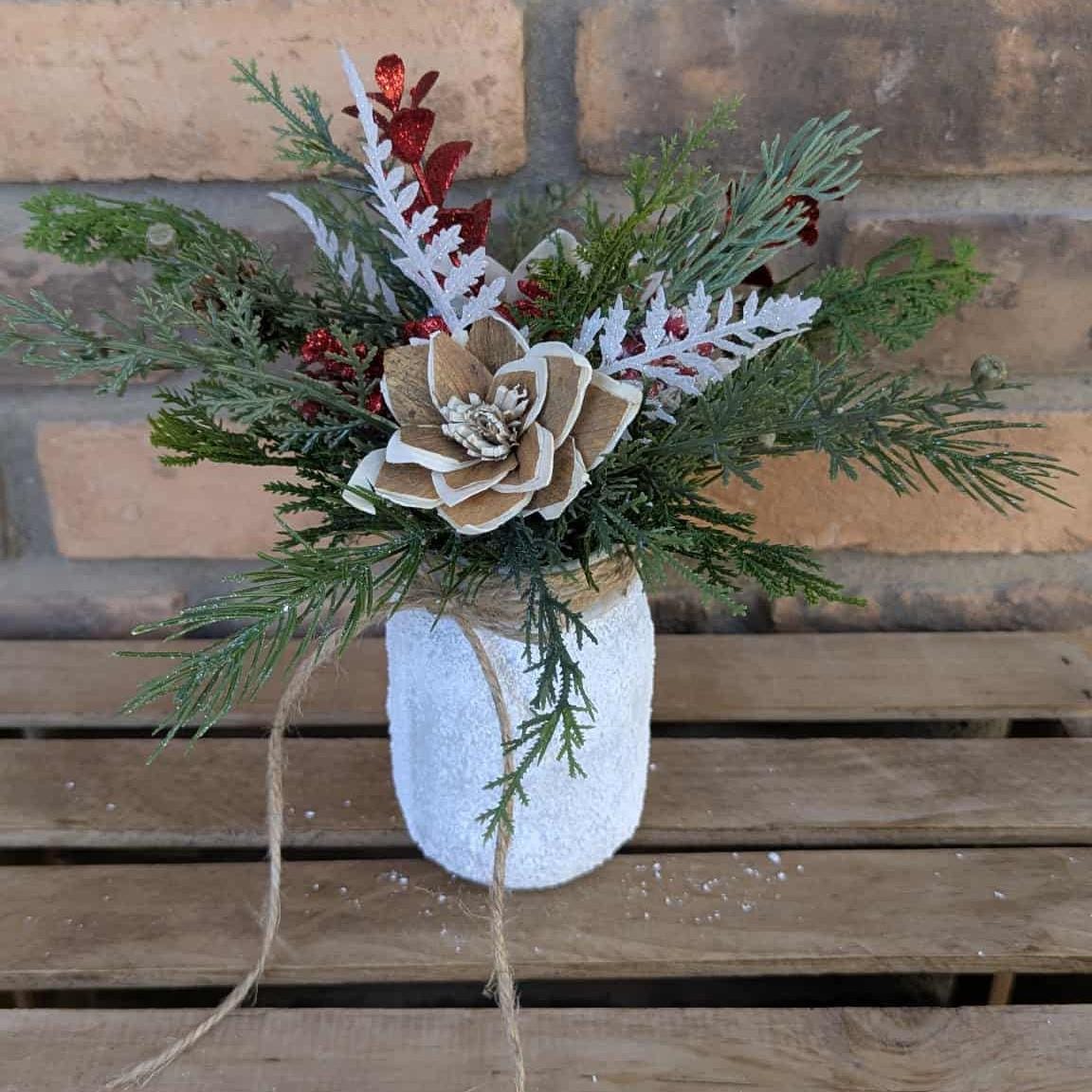 Holiday Wood Flower Mason Jar Arrangement, Winter Christmas Centerpiece, Holiday Hostess Gift, Festive Wooden Flower Table Centerpiece