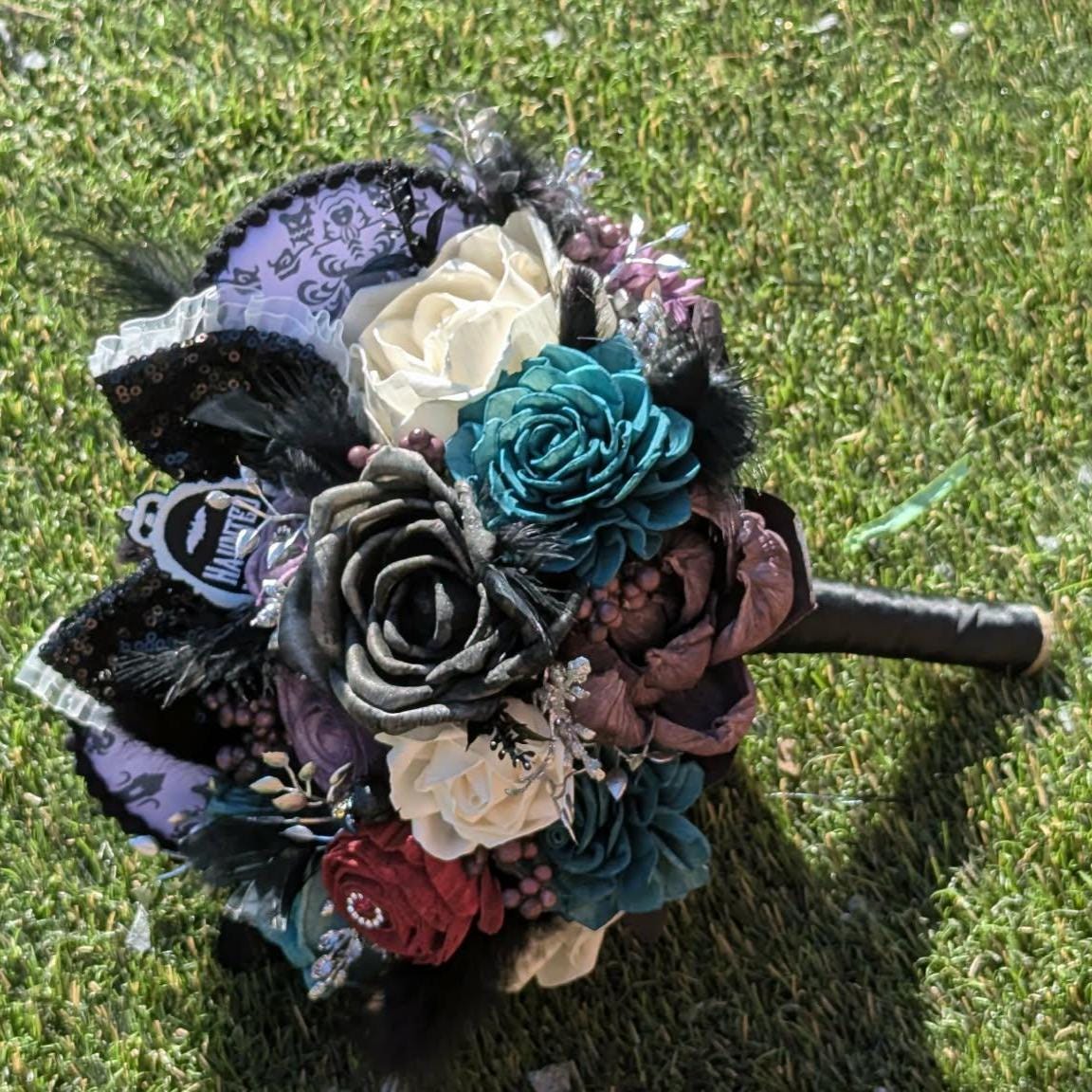 Haunted Mansion Themed Bridal Bouquet, Haunted Wedding Wood Flower Bouquet, Halloween Themed Party Flowers, Wedding Bouquet Flowers
