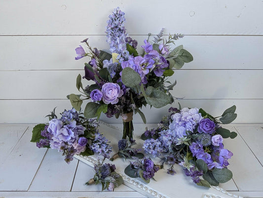6 PIECE SET Lavender and Lilac Wedding Bouquet Set, Silk Flower Bridal Bouquet, Bridesmaid Bouquet, Boutonnieres, Hydrangea Wedding Flowers