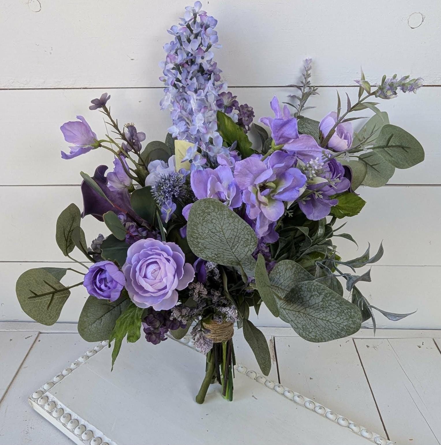 6 PIECE SET Lavender and Lilac Wedding Bouquet Set, Silk Flower Bridal Bouquet, Bridesmaid Bouquet, Boutonnieres, Hydrangea Wedding Flowers