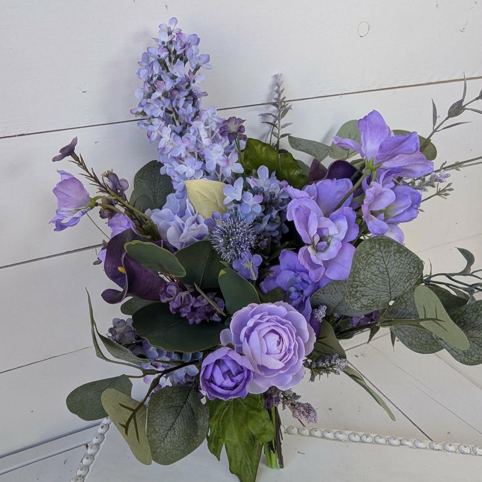 6 PIECE SET Lavender and Lilac Wedding Bouquet Set, Silk Flower Bridal Bouquet, Bridesmaid Bouquet, Boutonnieres, Hydrangea Wedding Flowers