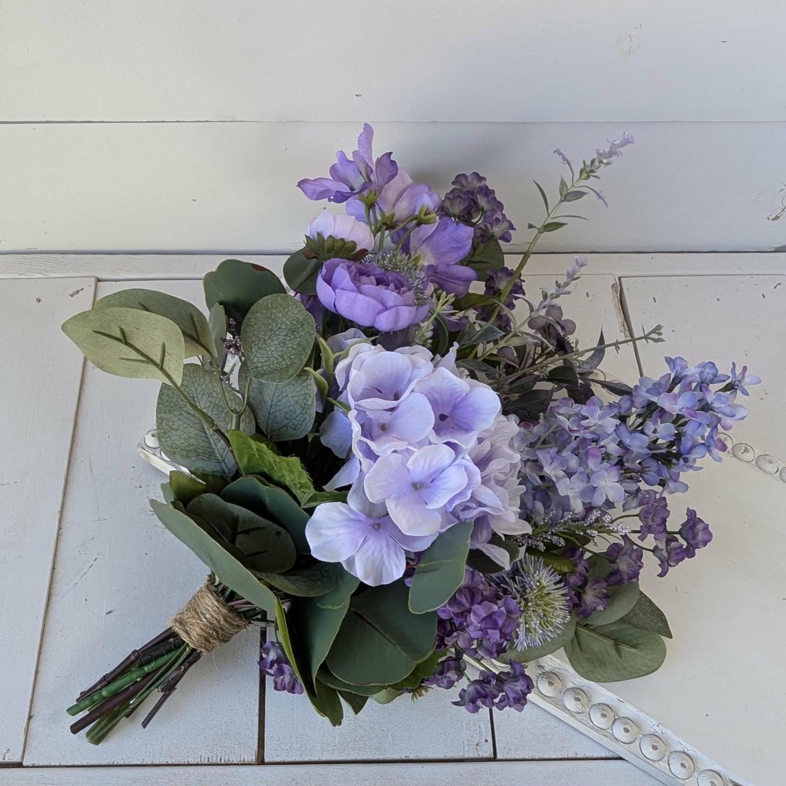 6 PIECE SET Lavender and Lilac Wedding Bouquet Set, Silk Flower Bridal Bouquet, Bridesmaid Bouquet, Boutonnieres, Hydrangea Wedding Flowers