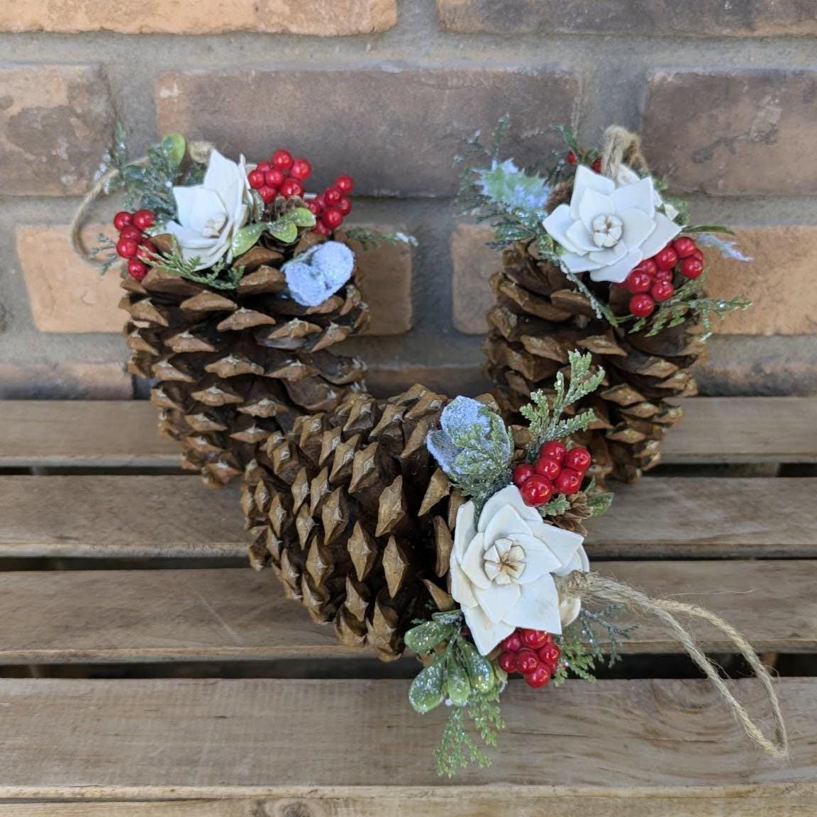 Pine Cone Christmas Ornament with Wood Flowers, Christmas Tree Ornament, Pine Cone Decor, Christmas Tree Decor