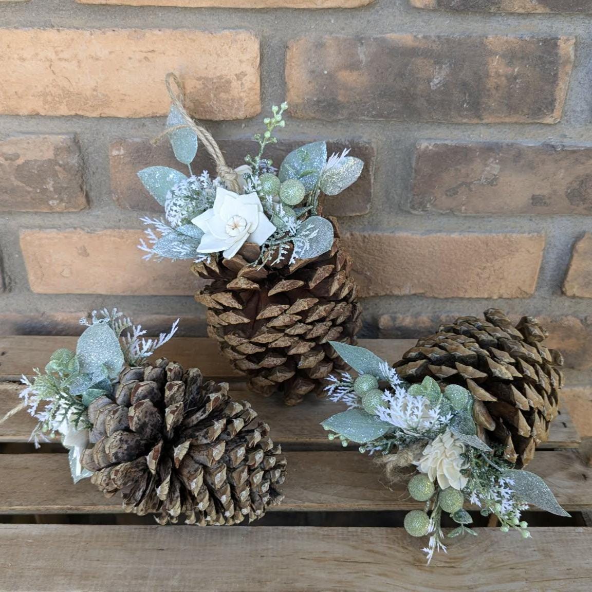 Pine Cone Christmas Ornament with Wood Flowers, Christmas Tree Ornament, Pine Cone Decor, Christmas Tree Decor