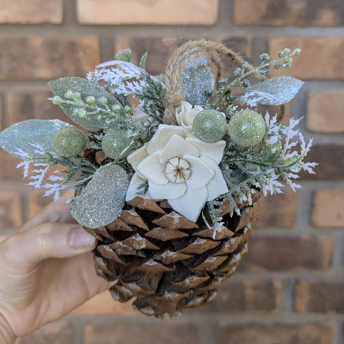 Pine Cone Christmas Ornament with Wood Flowers, Christmas Tree Ornament, Pine Cone Decor, Christmas Tree Decor